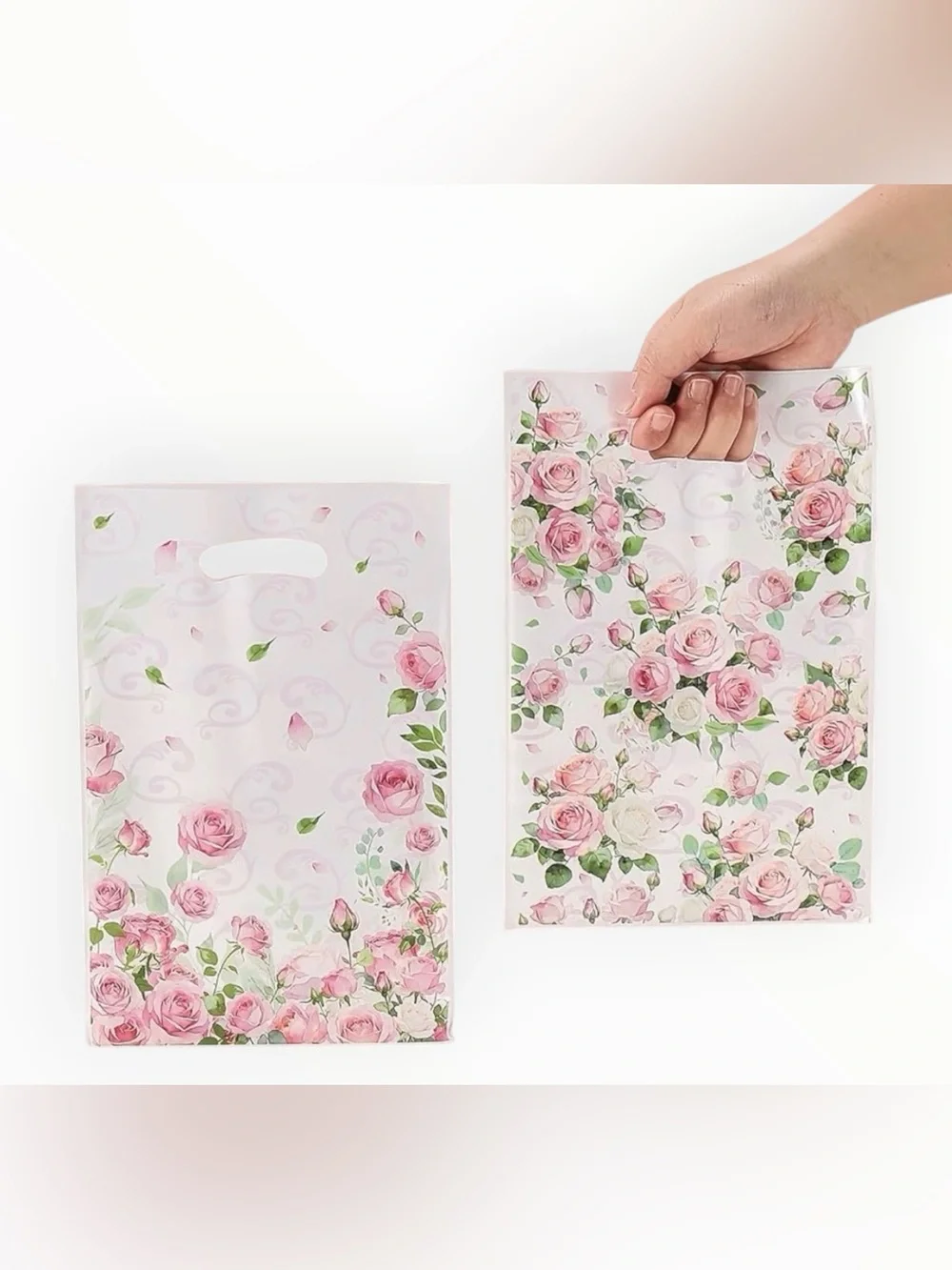 NWT Pink Rose Print Gift Bags with Built-In Handle 30PCS